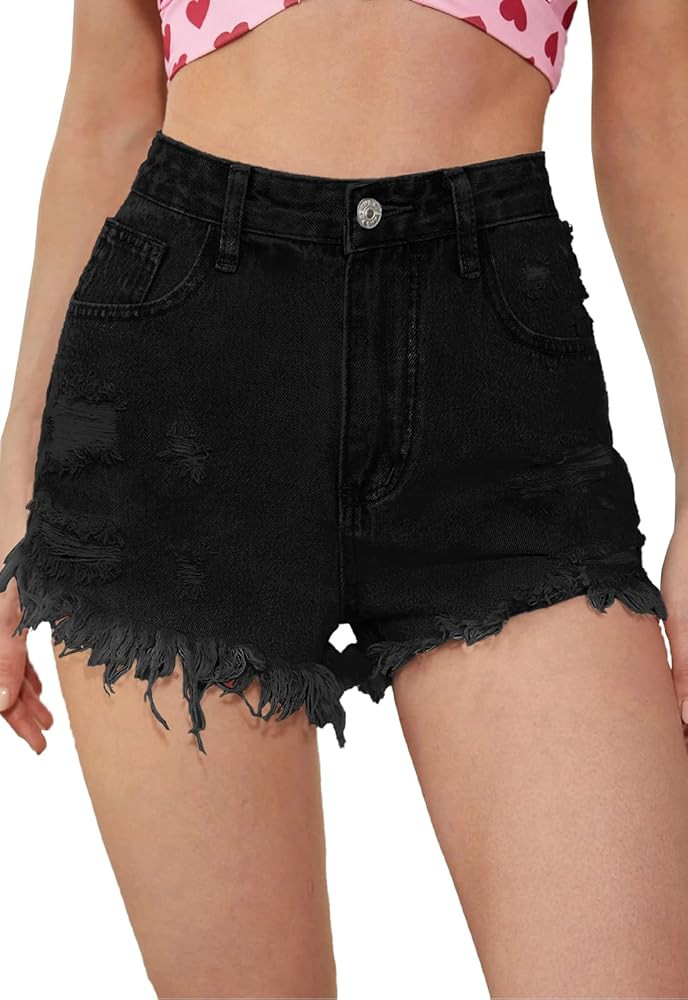 Metietila Women's High Waisted Stretchy Denim Shorts Ripped Raw Hem Summer Jeans Shorts | Amazon (US)