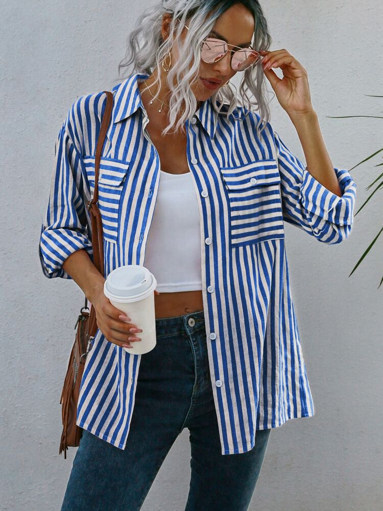 Striped Flap Pocket Drop Shoulder Shirt | SHEIN