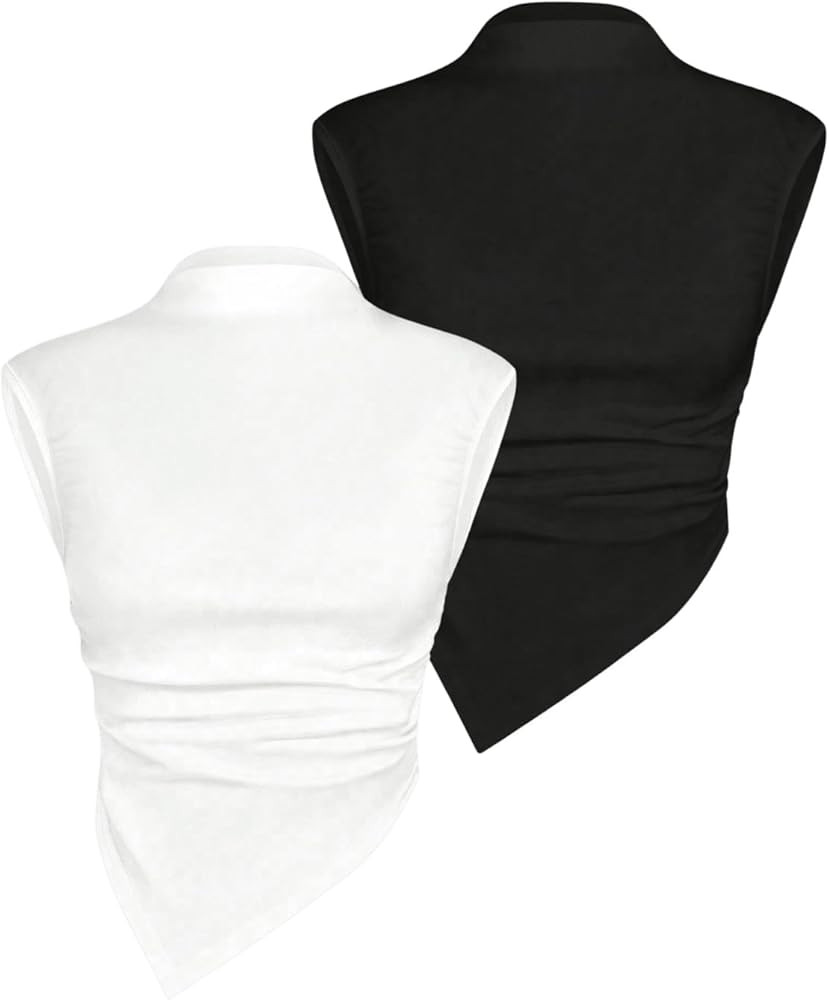 WDIRARA Women's 2 Pack Mock Neck Tank Tops Asymmetrical Hem Tops Slim Fit Tank Tops | Amazon (US)