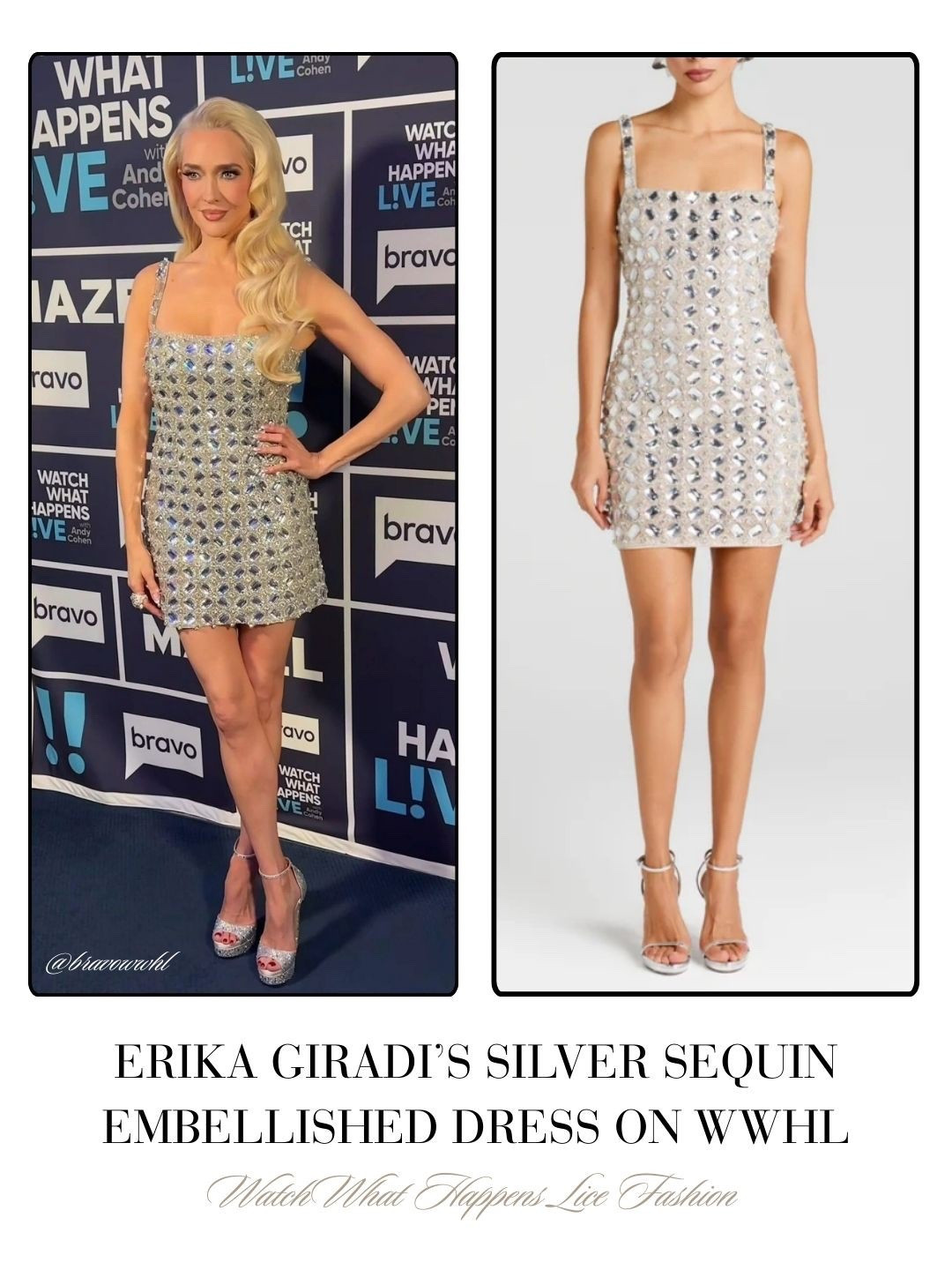 Erika Girardi’s Silver Sequin Embellished Dress on WWHL @bravowwhl // Sold by. Nadine Merabi 