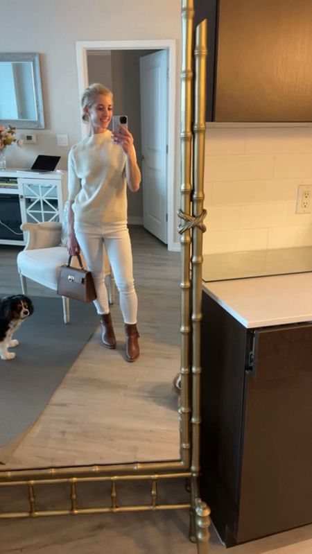 Video mirror selfie! 
White jeans paired with Jack Rogers brown boots and an ivory/white cashmere mock neck/turtleneck sweater.

Carry a matching brown top handle bag to match!

#LTKstyletip #LTKVideo #LTKSeasonal