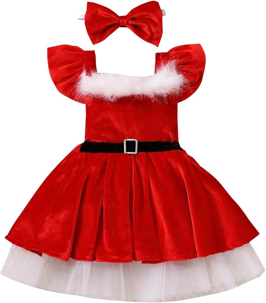 Kids Toddler Baby Girl Christmas Dress Red Velvet Long Sleeve/Sleeveless Santa Dress Christmas Ou... | Amazon (US)