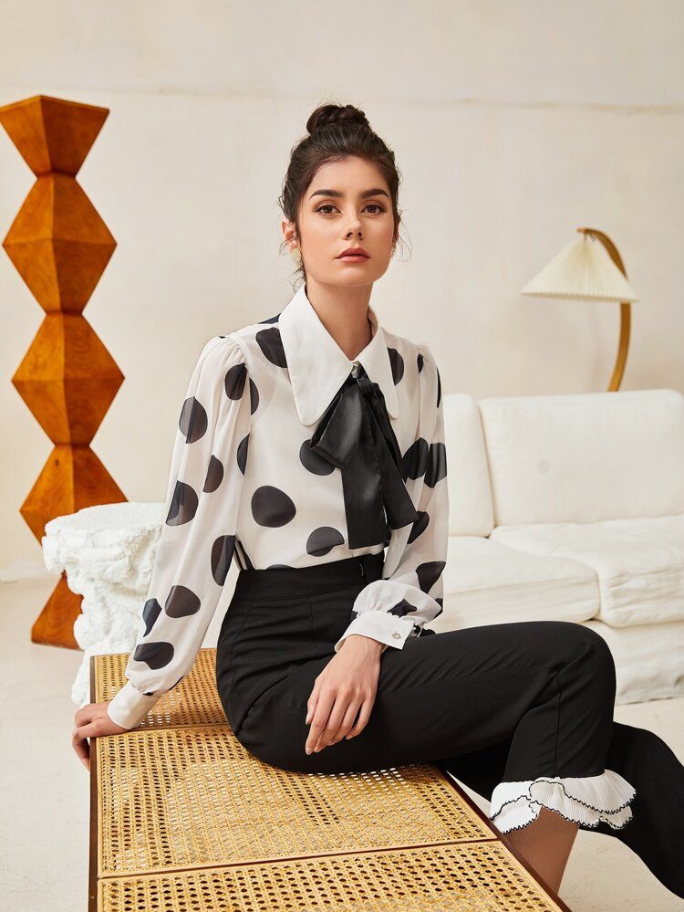 SHEIN Mulvari Polka Dot Tie Neck Shirt | SHEIN