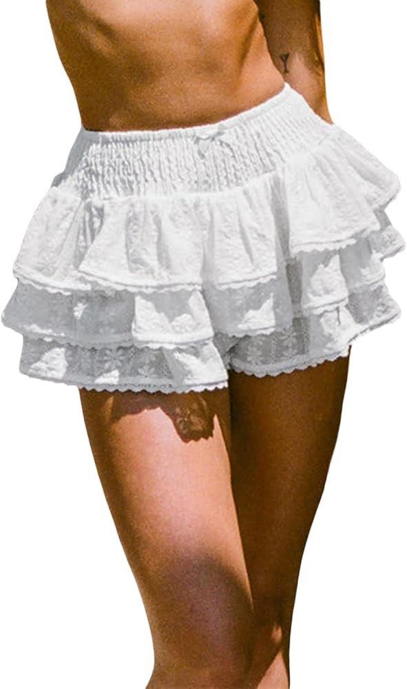 Women Y2k Layered Ruffle Mini Skirts High Waist Floral Shirred Ruffle Hem Short Skirt Shorts Plea... | Amazon (US)