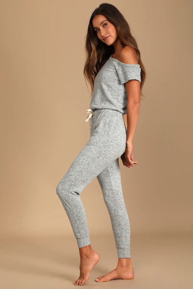 Relaxing Weekend Heather Grey Off-the-Shoulder Lounge Jumpsuit | Lulus