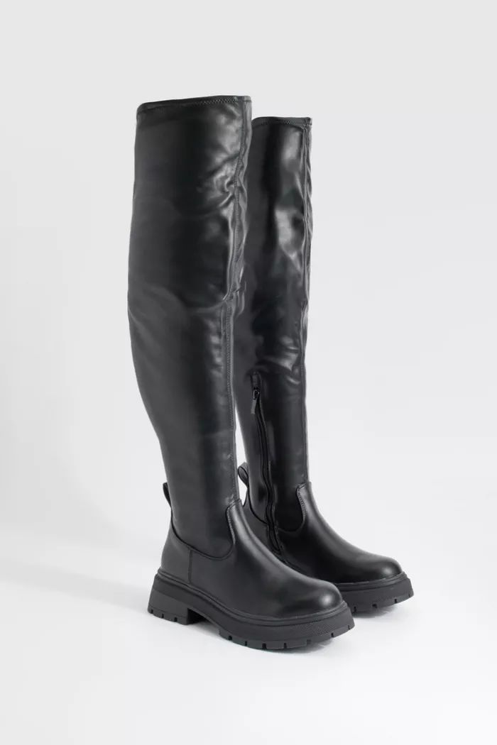 Chunky Sole Buckle Knee High Boots | boohoo (US & Canada)