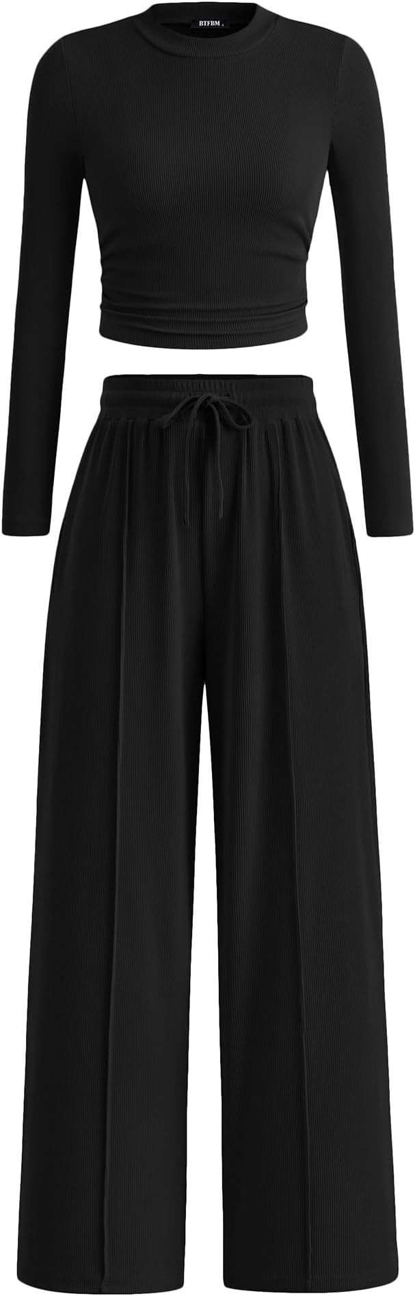 BTFBM Casual Ribbed 2 Piece Sets For Women Fall 2026 | Ruched Slim Long Sleeve Crop Top, Elastic ... | Amazon (US)