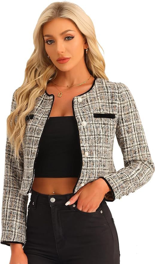Allegra K Tweed Jacket for Women's Long Sleeve Casual Work Office Plaid Short Outwear | Amazon (US)