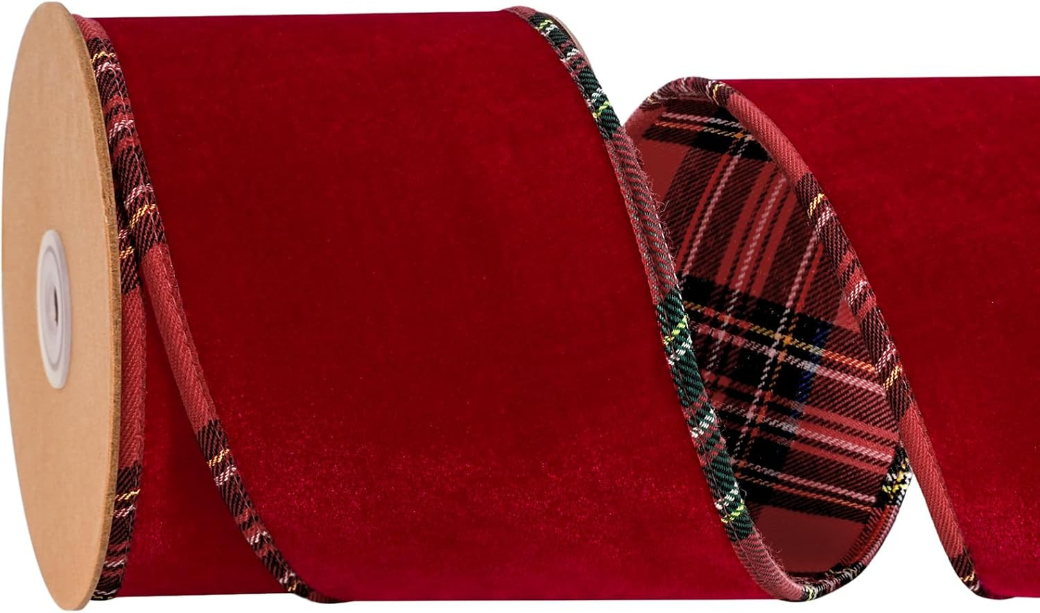 Christmas Ribbon Wired, Red Velvet with Plaid, 4" x 5yd | Amazon (US)