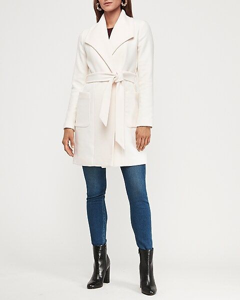 long belted wool-blend wrap front car coat | Express