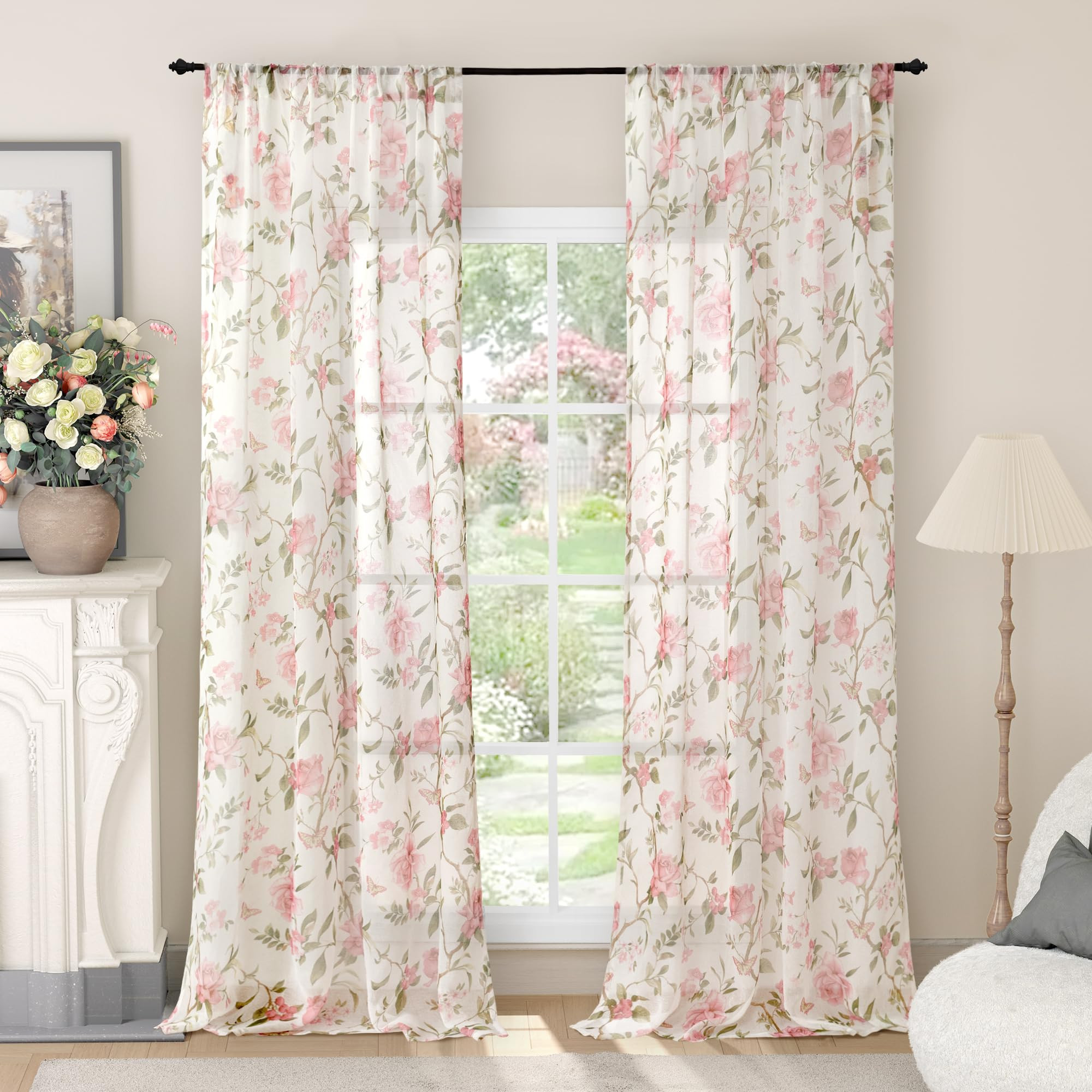 Floral Sheer Curtains for Girls Bedroom, Vintage Farmhouse Light Filtering Privacy Semi-Sheer Lin... | Amazon (US)