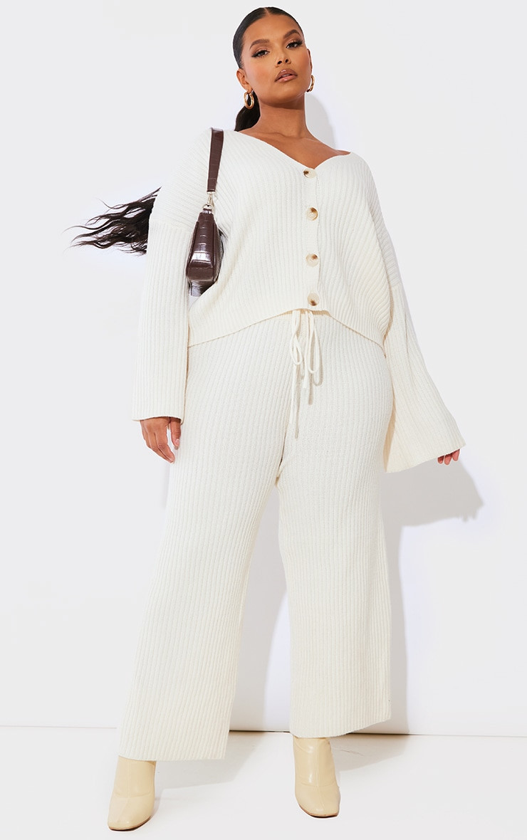 Plus Cream Knit Rib Wide Leg Pants | PrettyLittleThing US