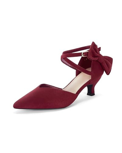 Coutgo Womens Low Kitten Heel Dress Shoes Closed Pointed Toe Cutout Ankle Strap Elegant Bow Pumps, Burgundy, Size 7.5 | Amazon (US)