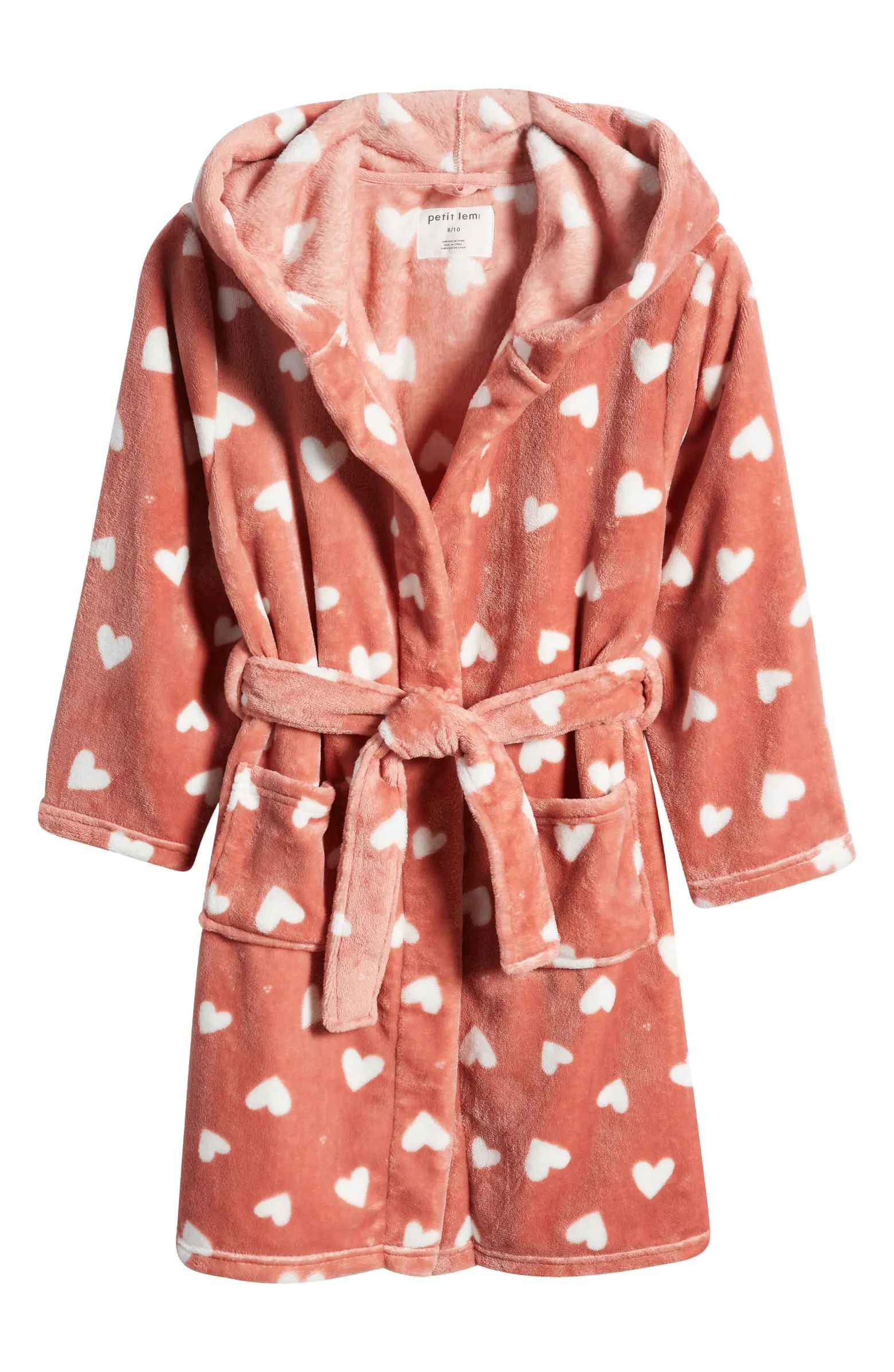 Kids' Heart Print Fitted Recycled Polyester Hooded Robe | Nordstrom