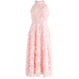 Dancing Feathers Tassel Halter Neck Maxi Dress in Pink | Chicwish