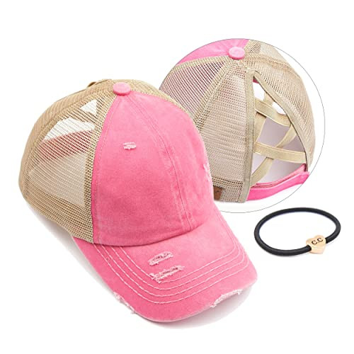 C.C Exclusives Washed Distressed Cotton Denim Criss-Cross Ponytail Hat Baseball Cap Bundle Hair Tie (BT-780) (Pink) | Amazon (US)