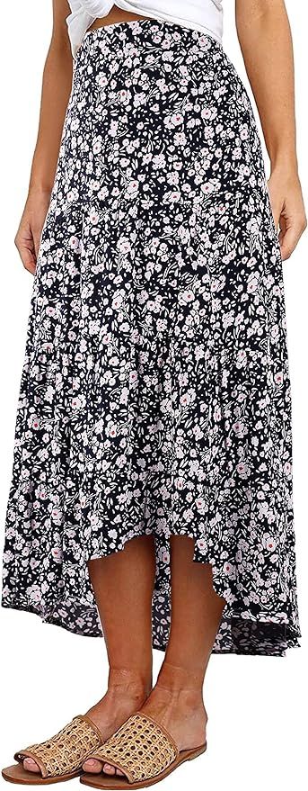 PRETTYGARDEN Women's Ditzy Floral Midi Boho Elastic High Waist Skirt | Amazon (US)