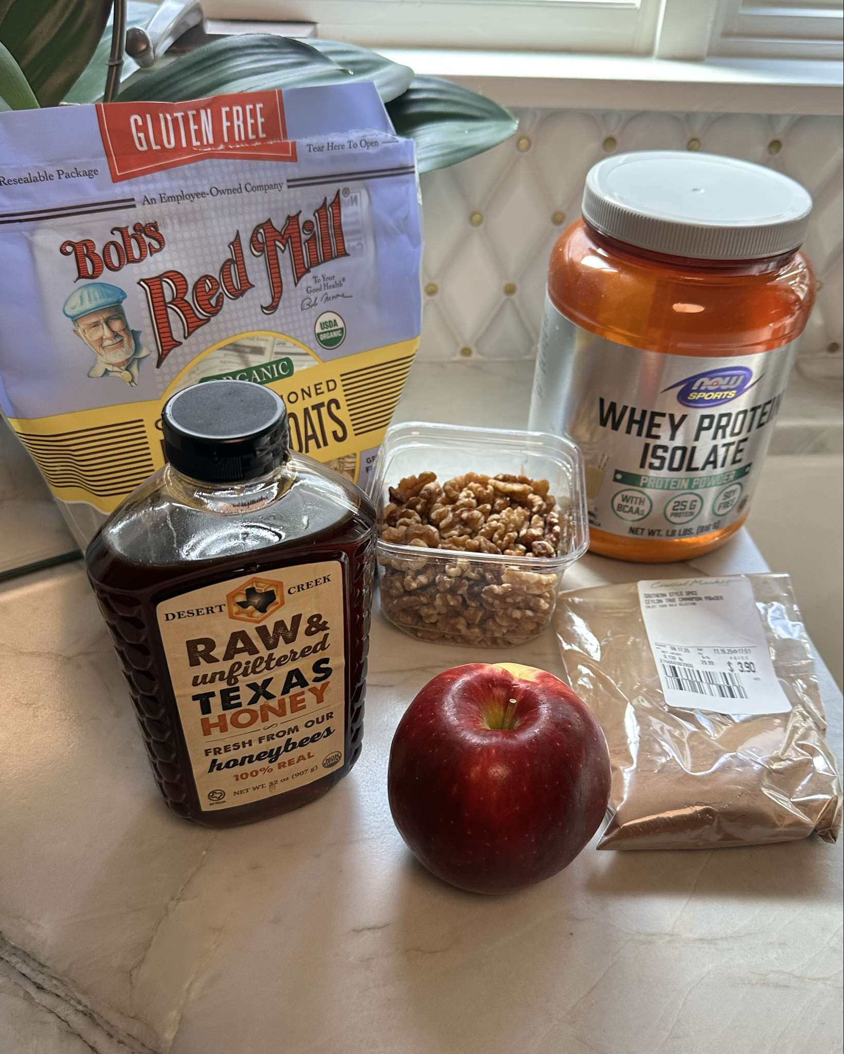 Great way to get protein in.
1/2 Cup oats add protein powder and water. Microwave for 1 min.
Add walnuts, Ceylon cinnamon, apple and drizzle some raw honey. Lots of protein to start your day. 