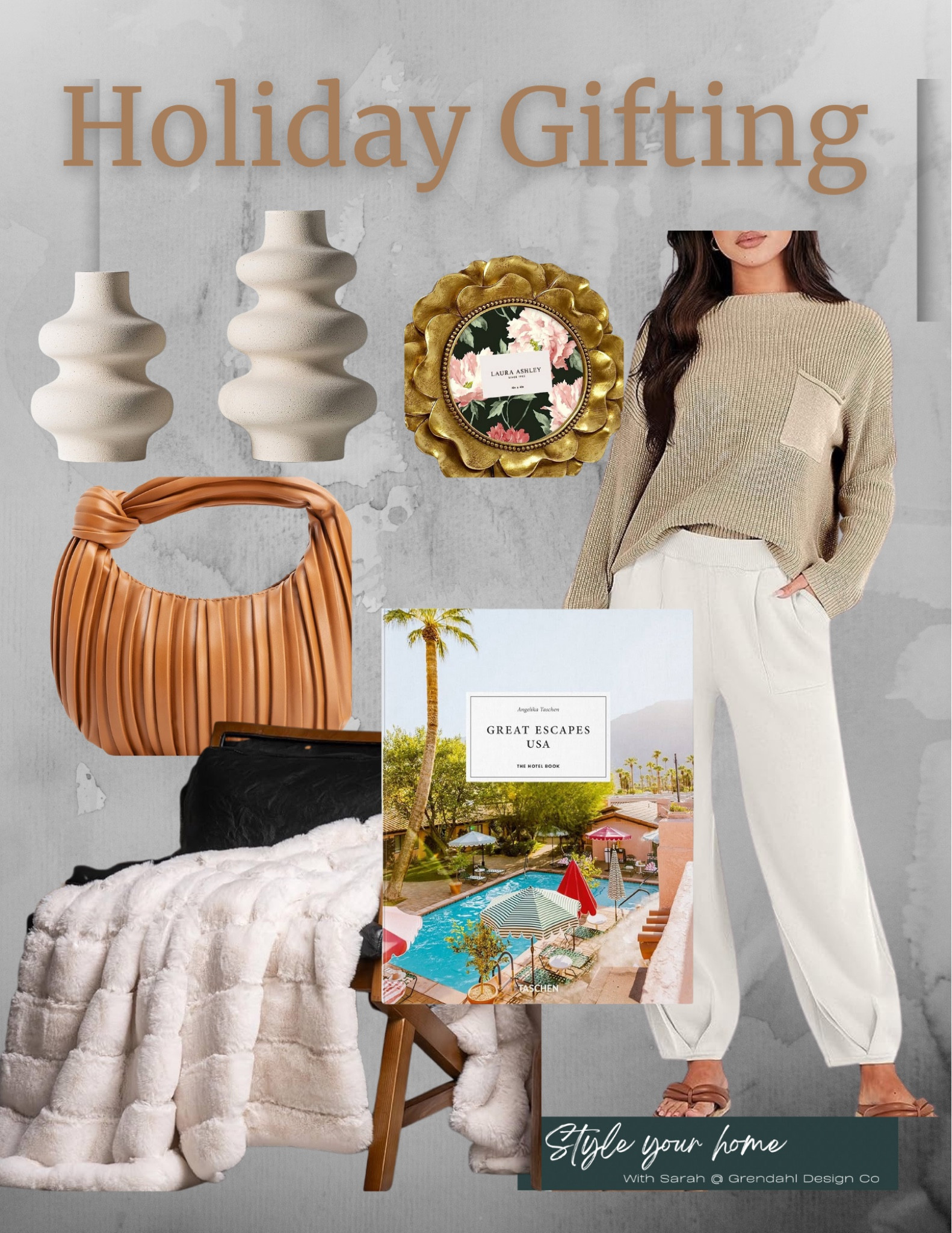 Holiday gifting ideas. Jogger set. Hand bag. Books. Blankets. Vases. Frames  