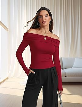 Prettywear Women's Sexy Off Shoulder Tops Business Casual Slim Fit Long Sleeves Spring Fall Blous... | Amazon (US)