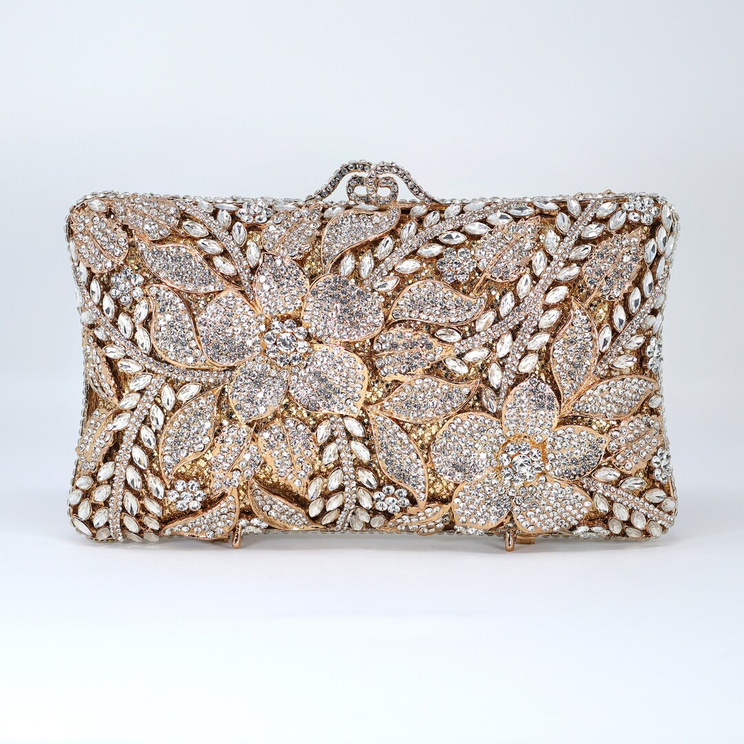 Shinny Silver Rhinestone Embellished Floral Garden Wedding Clutch, Statement Bag, Evening Wedding... | Etsy (US)