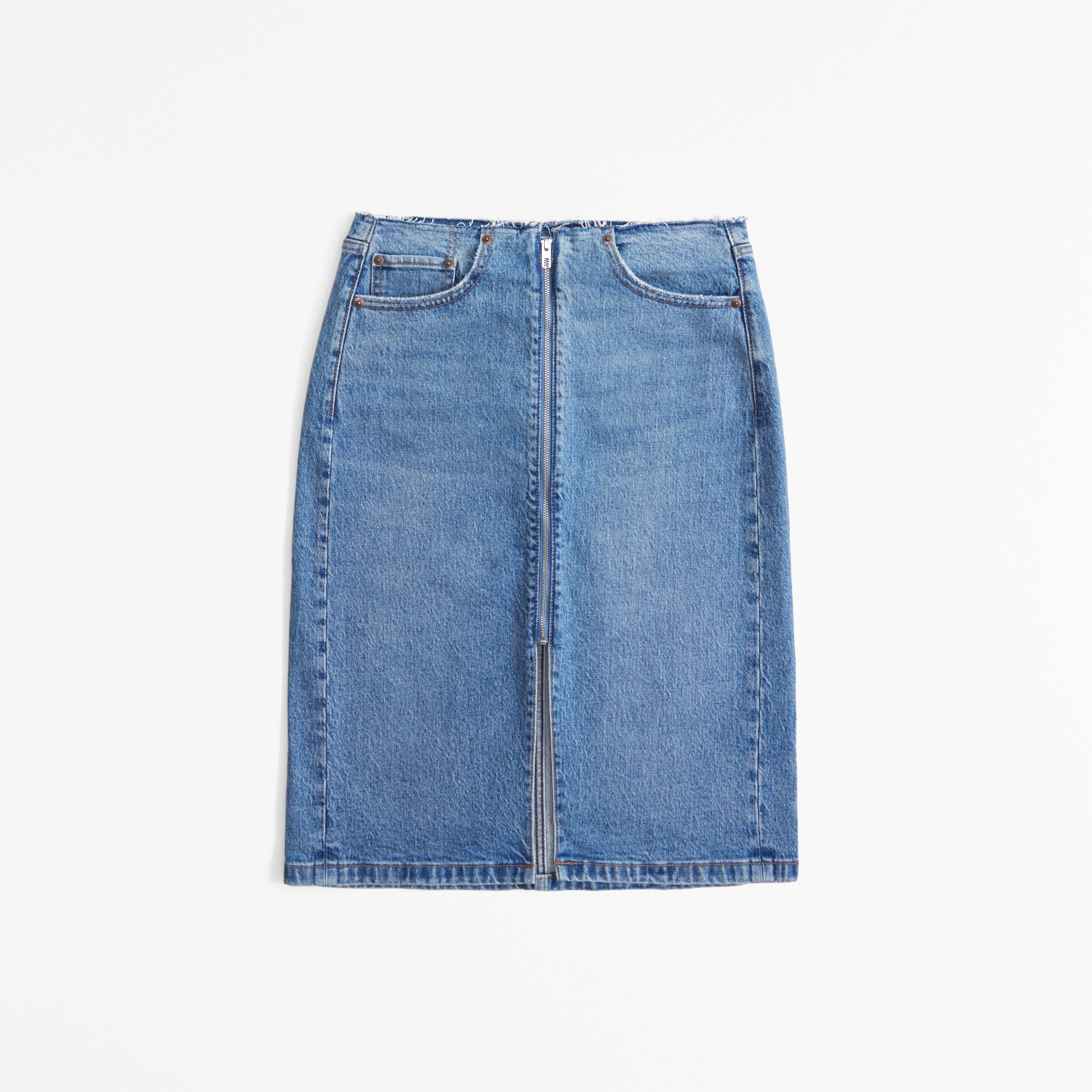 Mid Rise Denim Zip-Front Midi Skirt | Abercrombie & Fitch (US)
