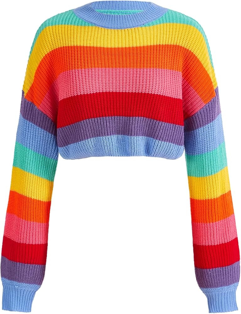 Verdusa Women's Striped Rainbow Cropped Sweater Long Sleeve Lightweight Cute Knit Tops Pullovers | Amazon (US)