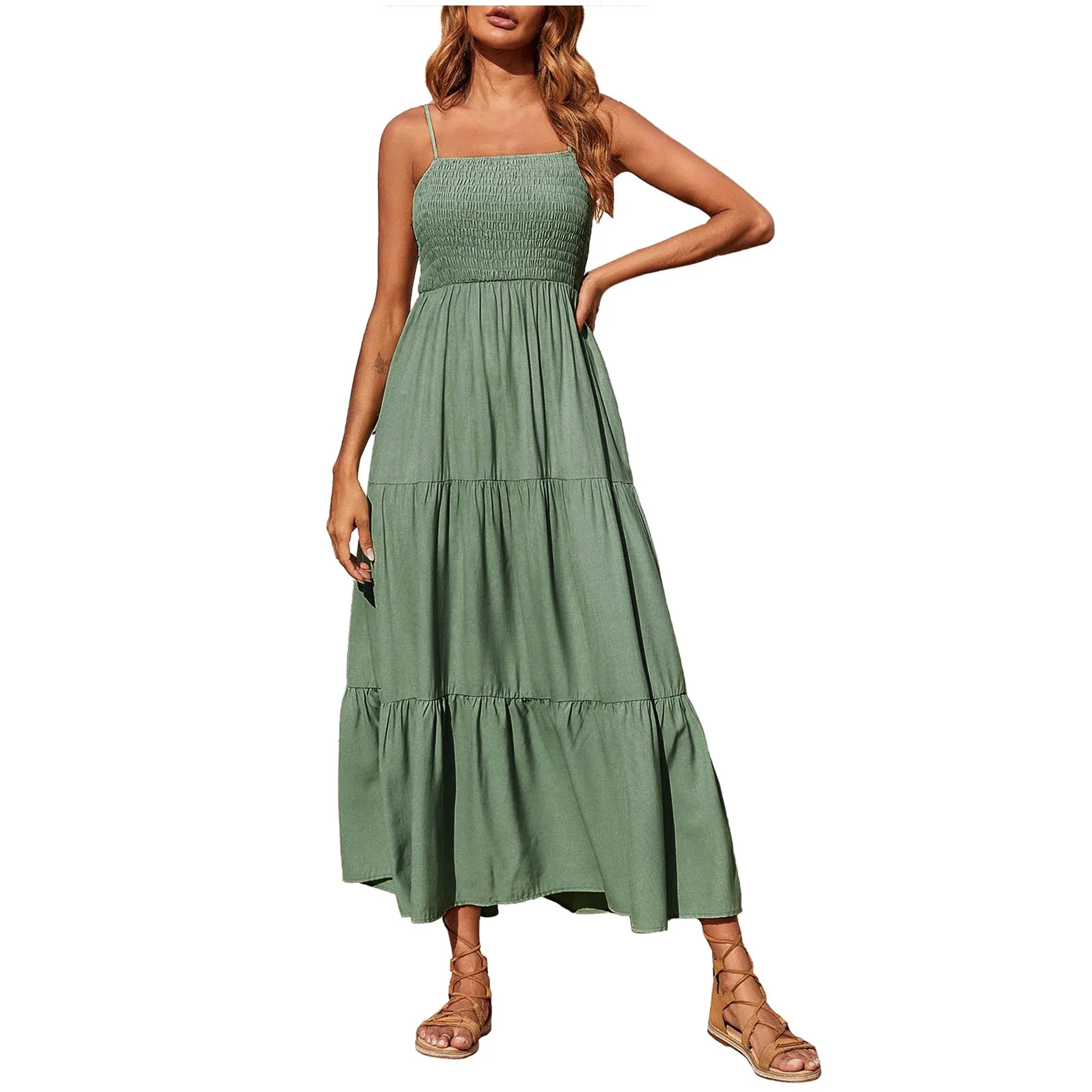 AOOCHASLIY Sun Dresses for Women Clearance Beach Bohemian Spaghetti Strap Smocked Tiered Long Bea... | Walmart (US)