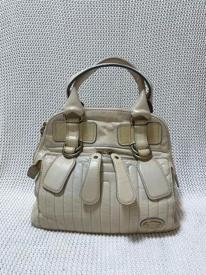 Chloe Bay Hand bag Tote Double handles Real leather Ivory Gold plate Large size | eBay US