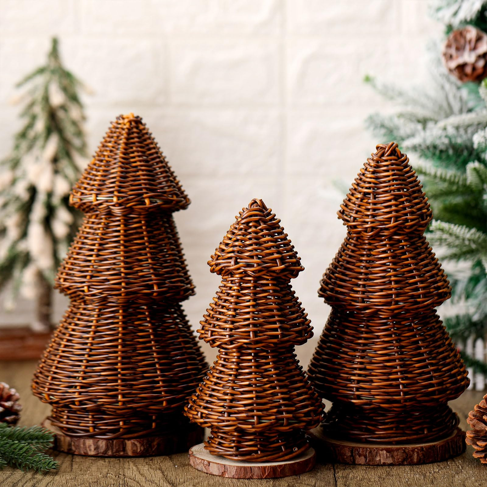 3 Pcs Morden Christmas Decor Woven Christmas Cone Tree Neutral Rattan Xmas Tabletop Centerpiece O... | Amazon (US)