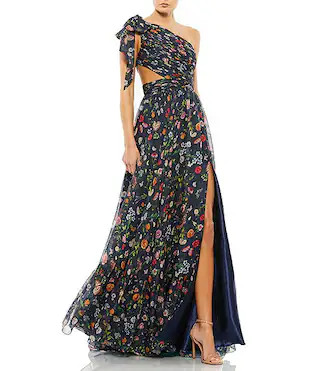 One Shoulder Sie Cut Out Floral Print Chiffon Gown | Dillard's