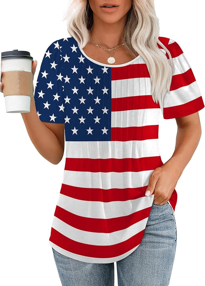 OFEEFAN Womens T Shirts Short Sleeve Pleated Dressy Casual Scooped Neck Summer Tops Blouses | Amazon (US)