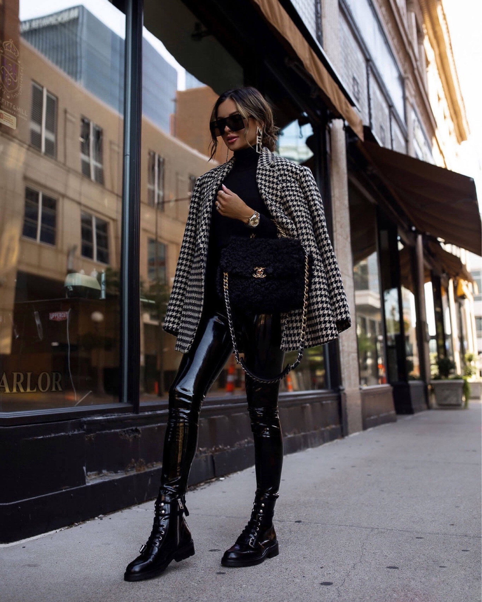 Edgy fall date night outfit
Anine bing houndstooth blazer
Commando turtleneck bodysuit
Commando patent leather leggings
Allsaints combat boots

#LTKSeasonal #LTKsalealert #LTKstyletip