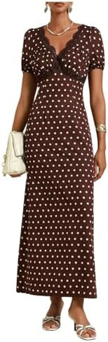 SHENHE Women's Polka Dots Maxi Dress Lace Trim V Neck Short Sleeve Dress | A Line,Flowy Evening D... | Amazon (US)