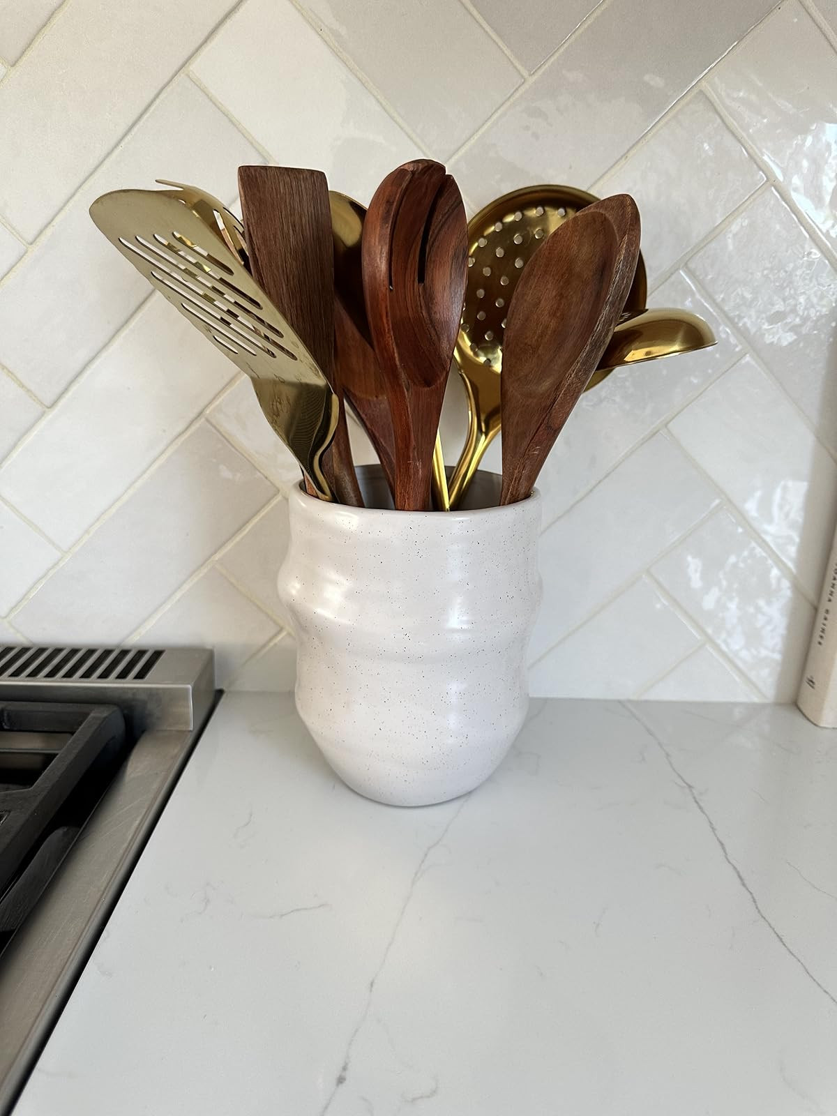 Organic modern crock, cooking utensil holder, vase, gold cooking utensils, wooden cooking utensils, kitchen accessories, kitchen decor, home decor, Amazon find | Amazon (US)