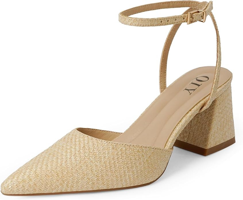 Closed Toe Heels for Women Ankle Strap Pointed Toe Slingback Chunky Low Heels Womens Pumps Weddin... | Amazon (US)