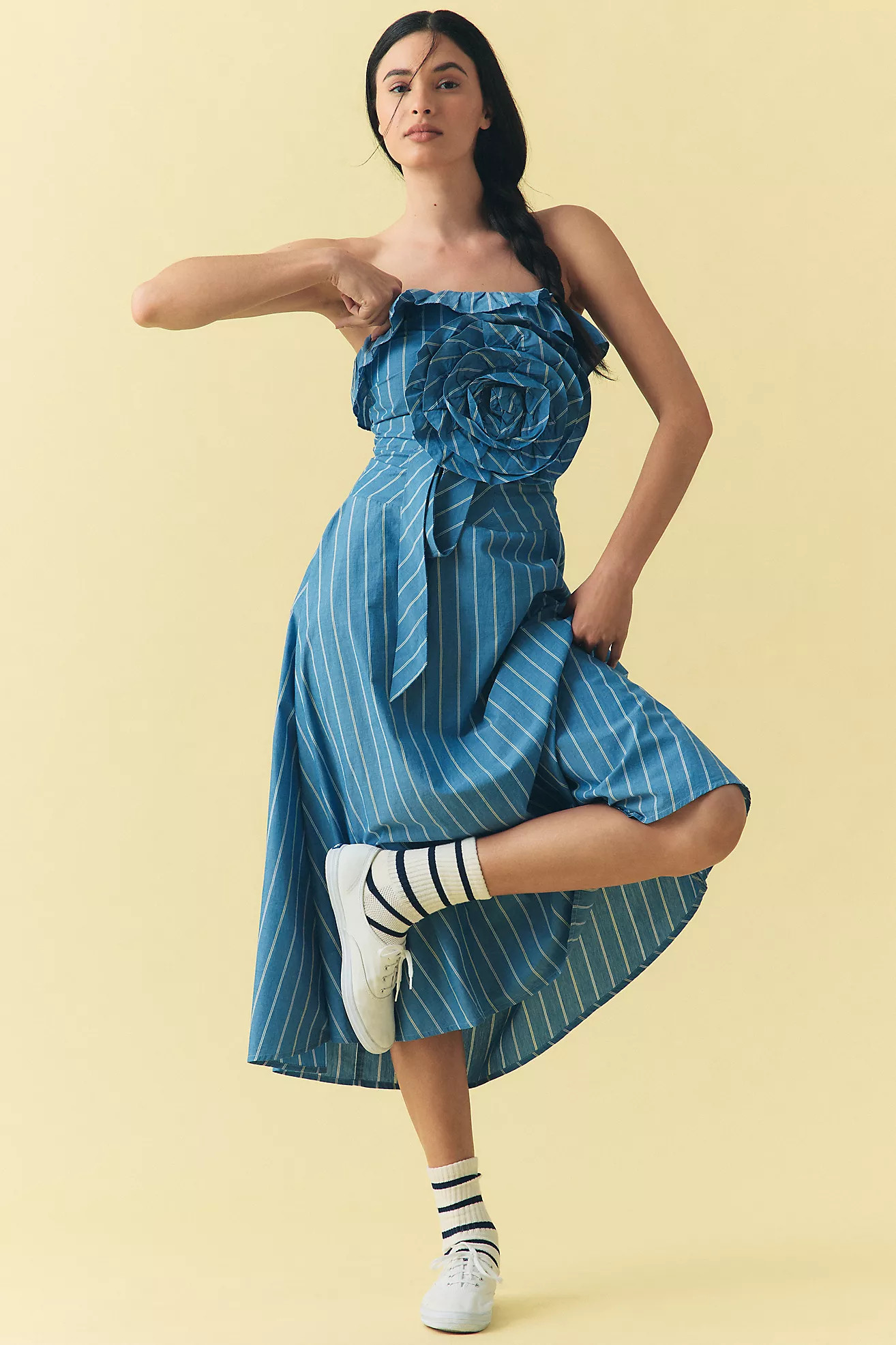 By Anthropologie Strapless Rosette Asymmetrical Drop-Waist Midi Dress | Anthropologie (US)