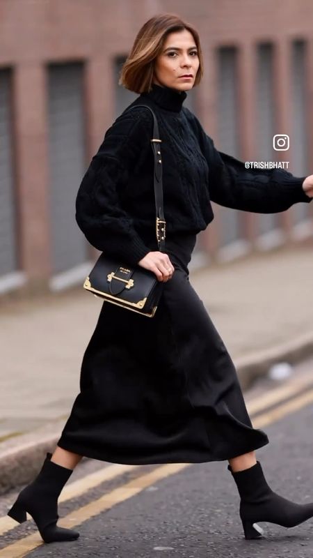 Black Chunky Sweater Black Satin Finish Midi Skirt Black Ankle Boots Black Prada Leather Bag Simple outfit Transitional outfit Spring looks Simple fits Casual look Petite Style Guide Petite Fashion

#LTKeurope #LTKstyletip #LTKSeasonal