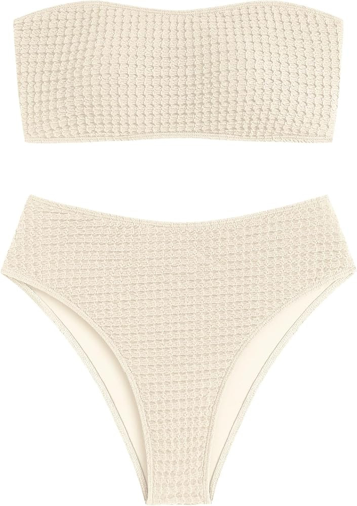 ZAFUL Women's High Cut Bandeau Bikini Set Strapless Solid Color 2 Pieces Bathing Suit Swimsuit | Amazon (US)