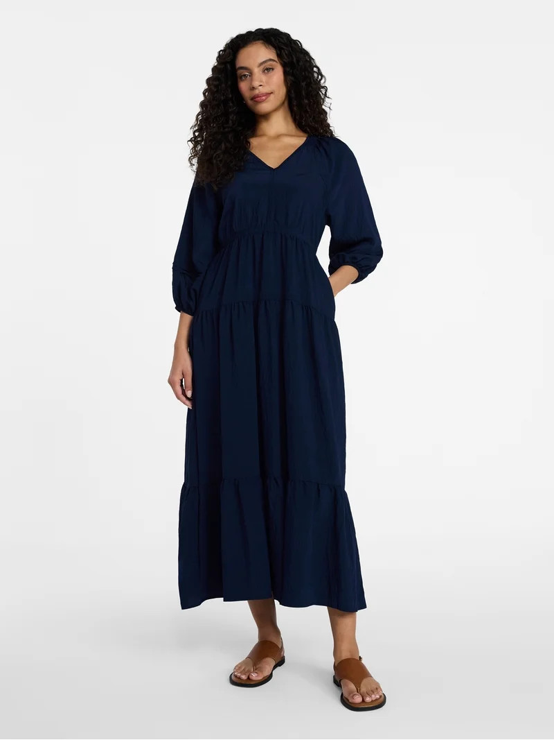 Time and Tru Women's Tiered Maxi Dress with 3/4 Length Sleeves, Sizes XS-XXXL | Walmart (US)