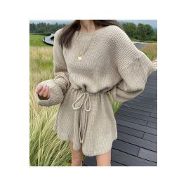 Drawstring Waist Rib Knit Playsuit in Camel | Chicwish