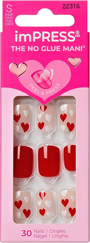 KISS imPRESS No Glue Mani Press On Nails, Design, 'Kiss to Remember', Red, Short Size, Squoval Sh... | Amazon (US)