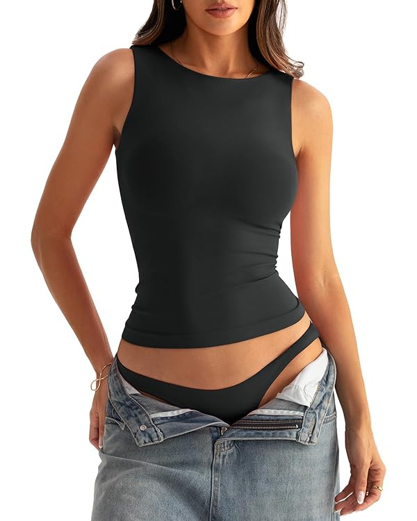 Womens Boat Neck Seamless Tank Tops Sleeveless Double Layering Shirts Basic Going Out Tops Summer... | Amazon (US)