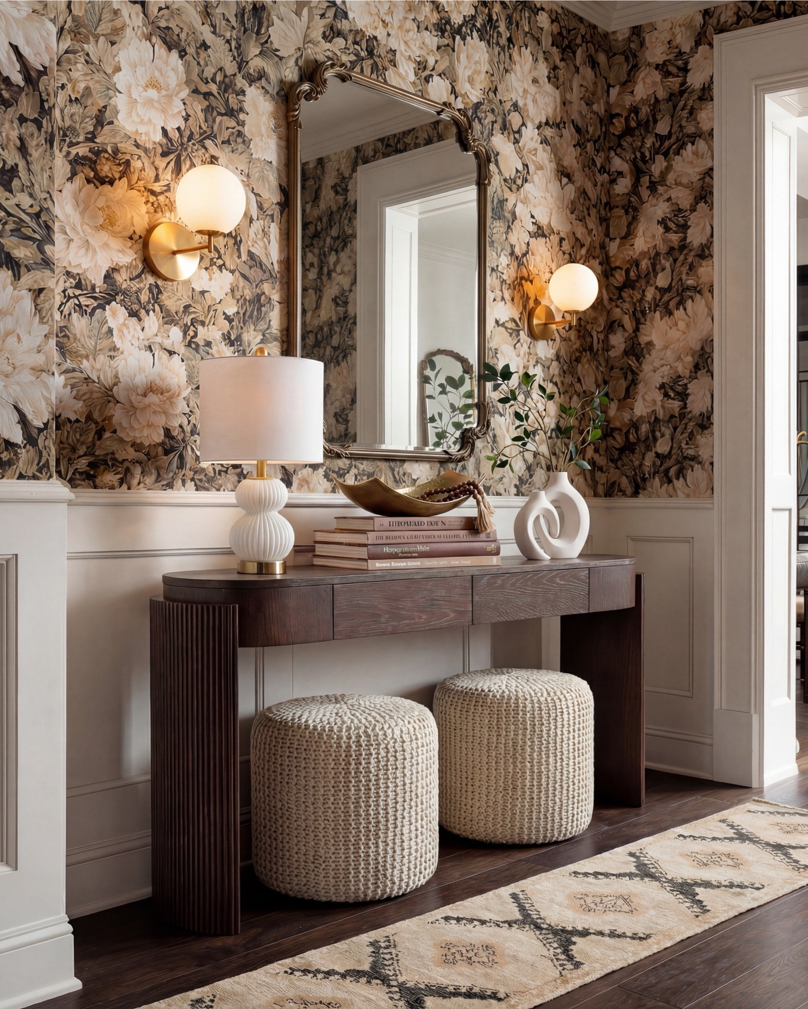 This foyer is giving warm, collected luxury, so here are the pieces that make it feel so elevated. The painterly floral wallpaper sets the entire tone, soft creams, warm taupes, and charcoal florals that instantly make the entry feel designed.

I paired it with this dark wood console (love the curved edge + ribbed detail) and styled chunky knit ottomans underneath for that cozy, layered texture. The brass globe sconces add a soft, flattering glow, and the sculptural white lamp ties everything together with its modern shape.

For styling, I kept it simple: a gold decorative bowl, a sculptural vase with greenery, and a stack of design books for height and balance. The neutral patterned runner grounds the space without competing with the wallpaper.

Shop the Look:
• Dark wood console
• Chunky knit ottomans
• Brass globe sconces
• Sculptural white lamp
• Floral wallpaper (cream/taupe/charcoal)
• Neutral geometric runner
• Gold bowl + white sculptural vase
• Design book stack

#LTKsale #LTKhome #LTKstyletip