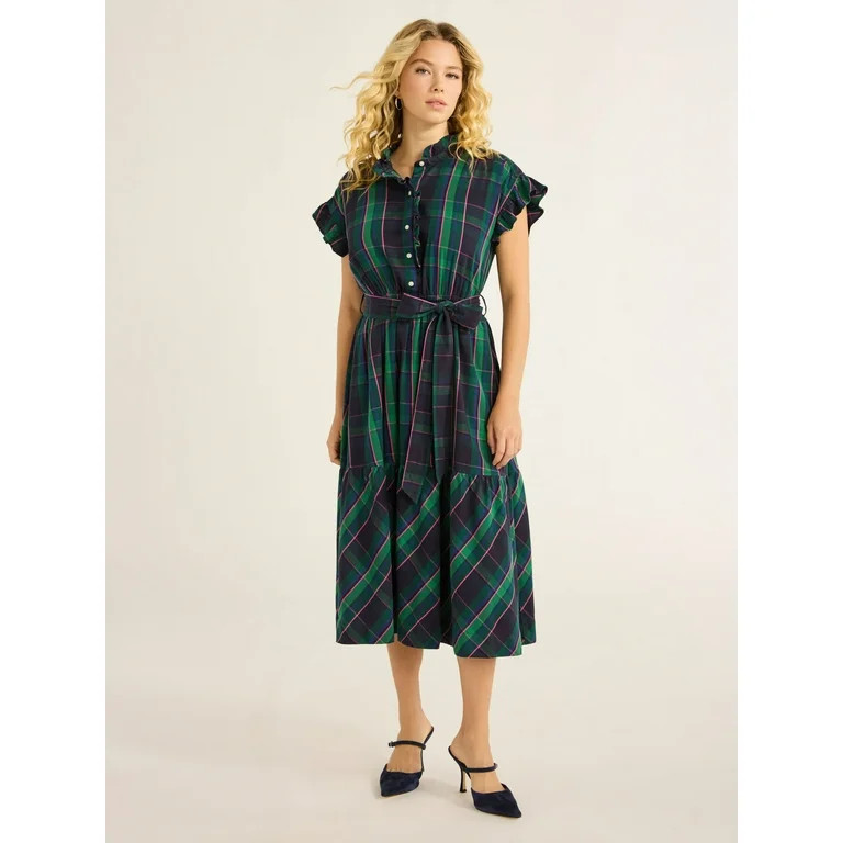 Free Assembly Women’s and Women's Plus Cotton Ruffle Midi Dress with Short Sleeves, Sizes XS-4X | Walmart (US)