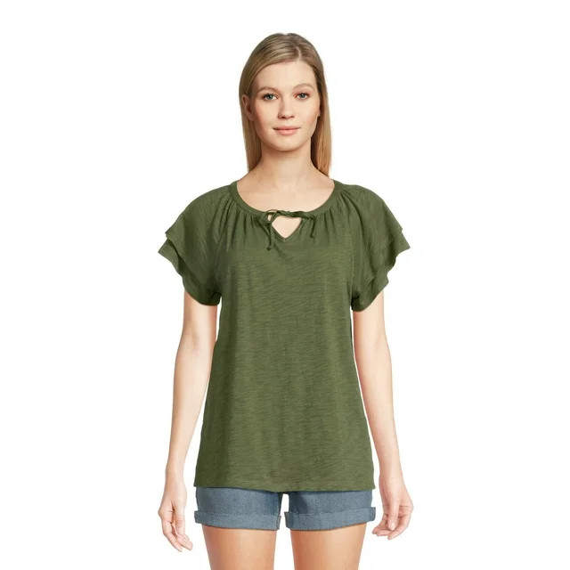 Time and Tru Women's Cotton Flutter Sleeve Tee, Sizes XS-XXXL | Walmart (US)