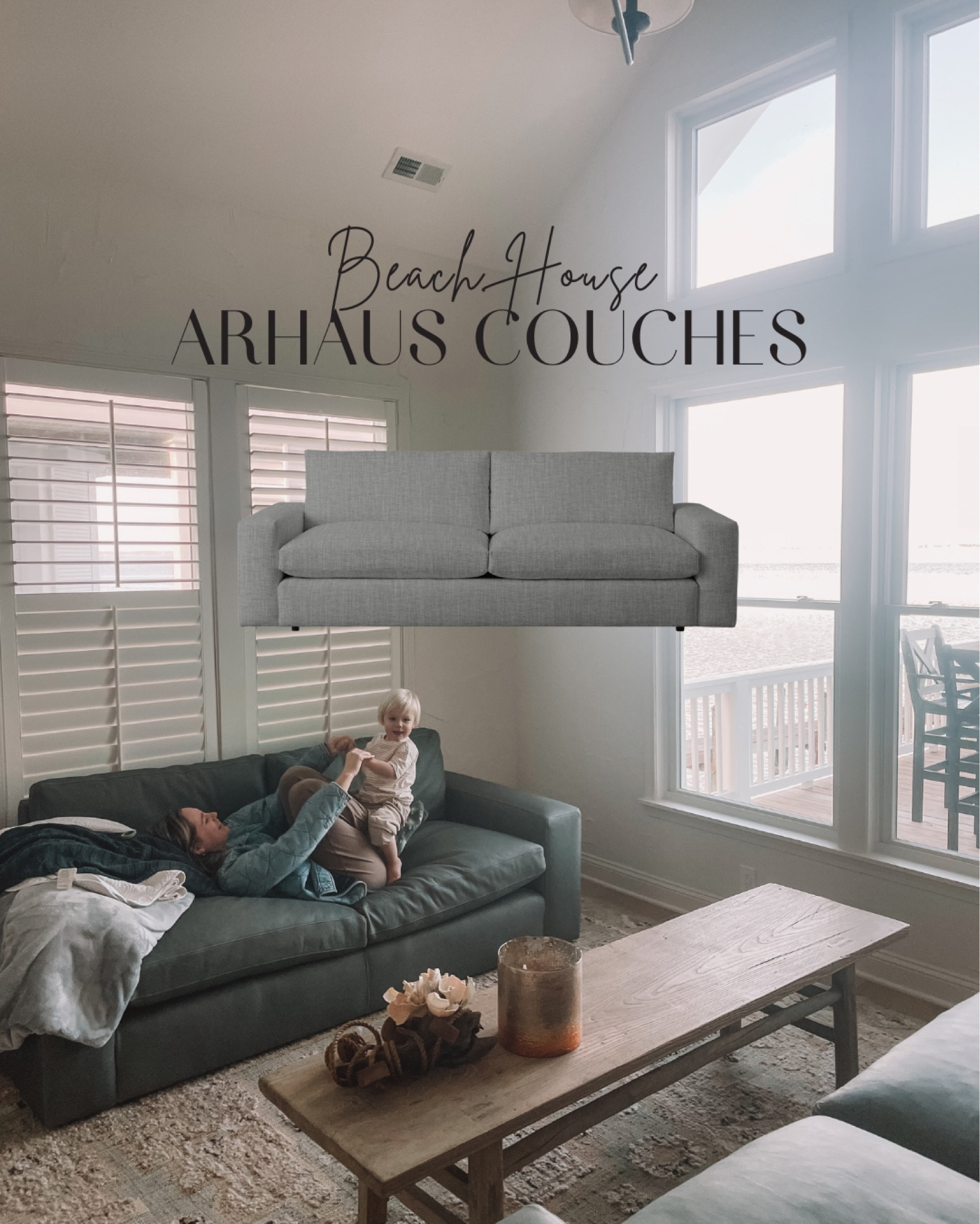Arhaus Couches!! So comfy and cute in this space. This color in leather is gone so I’m sharing the fabric and a brown leather option. #arhaus #couches #beachhouse 