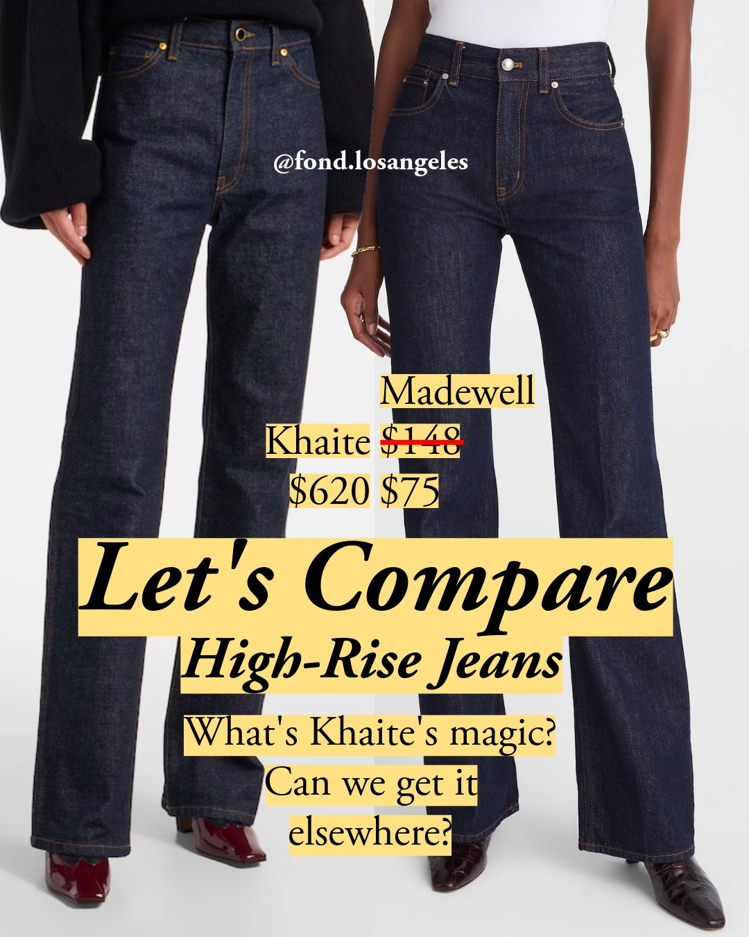 Khaite’s viral high-rise jeans decoded, and options that nail the construction. You’ll probably need to break in jeans that are 100% cotton. Last slide: 1. Levi’s Wedgie, 2. Madewell, 3. Re/Done, 4. Reformation, 5. J.Crew flare. I size down for J.Crew - I usually wear size 26, but I wear 25 in J.Crew 👖high waist jeans, straight leg jeans, bootcut jeans, dark wash denim, Khaite dupe, designer jeans alternative, quality denim, jean fit guide | Madewell | J.Crew | Levi’s | Reformation | Re/Done | Frame

#LTKWorkwear #LTKStyleTip #LTKFindsUnder100
