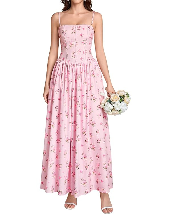 KUTUMAI Floral Corset Long Maxi Dress Lace Up Flowy A Line Summer Wedding Guest Dresses for Women... | Amazon (US)