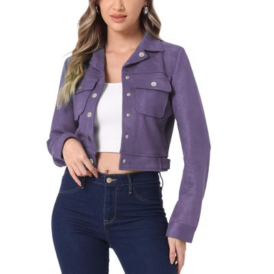 INSPIRE CHIC Women's Casual Faux Suede Notched Collar Button Up Cropped Jacket with Pockets Purple Medium | Target